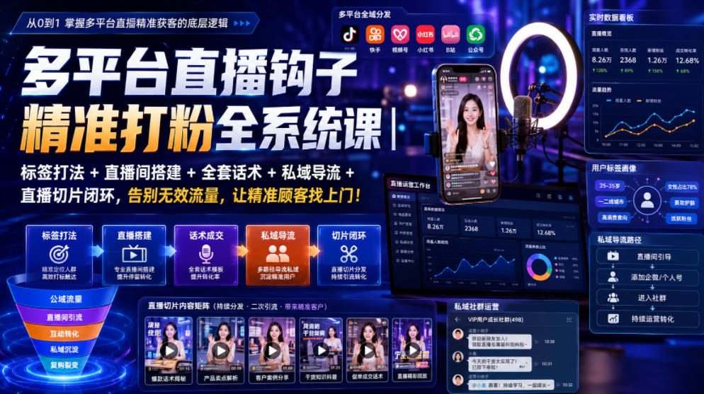 多平台直播钩子精准打粉全系统课｜标签打法+直播间搭建+全套话术+私域导流+直播切片闭环，告别无效流量，让精准顾客找上门！-阿牛笔记