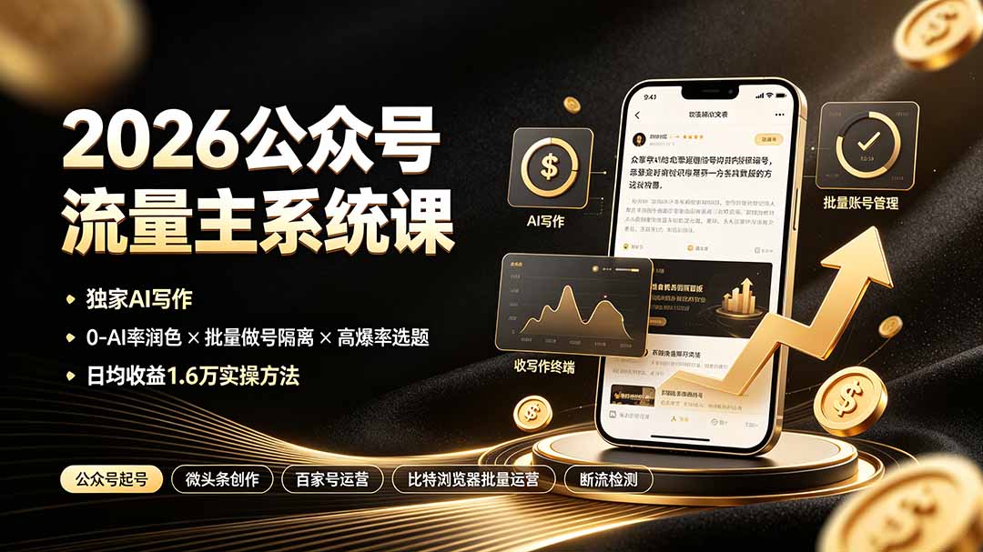 2026公众号流量主系统课：独家AI写作×0-AI率润色×批量做号隔离×高爆率选题，日均收益1.6万实操方法-阿牛笔记