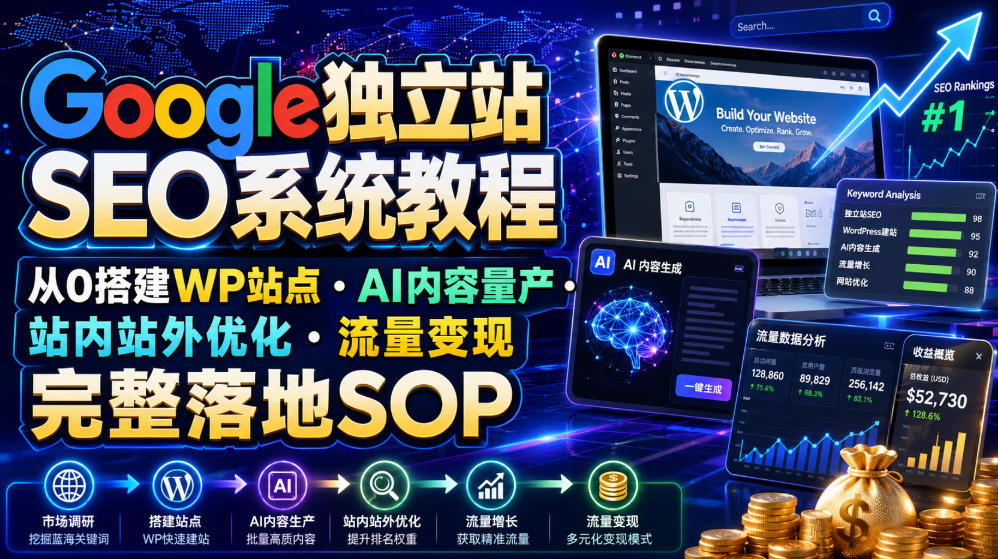 Google独立站SEO系统教程,从0搭建WP站点・AI内容量产・站内站外优化・流量变现完整落地SOP(2026年7月)-阿牛笔记