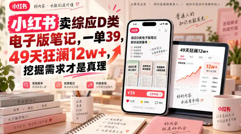 小红书卖综应D类电子版笔记,一单39,49天狂澜12w+,挖掘需求才是真理-阿牛笔记