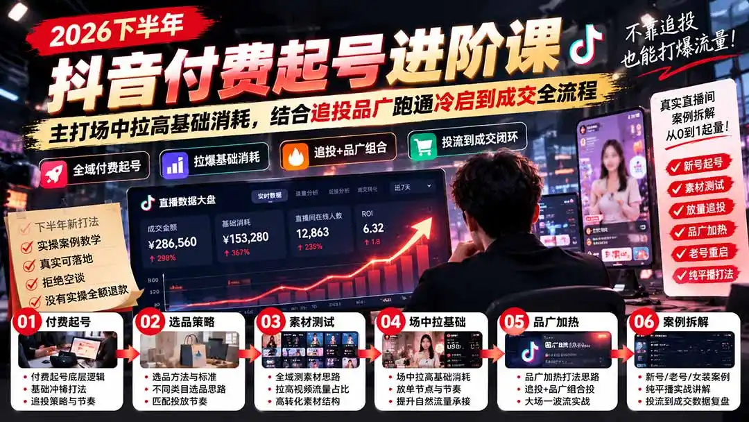 2026下半年抖音付费起号进阶课：主打场中拉高基础消耗，结合追投品广跑通冷启到成交全流程-阿牛笔记