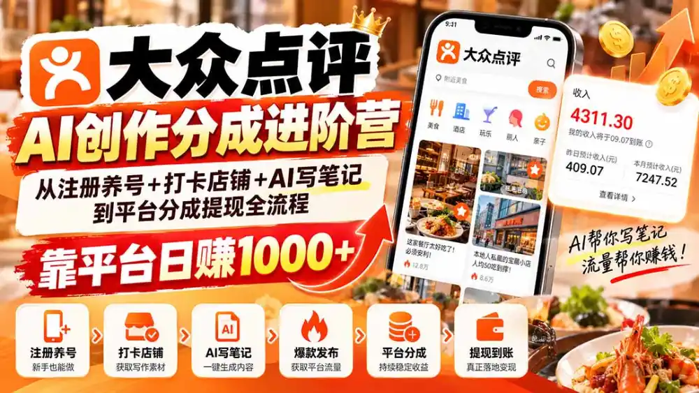 大众点评AI创作分成进阶营：从注册养号+打卡店铺+AI写笔记到平台分成提现全流程，靠平台日赚1000+-阿牛笔记