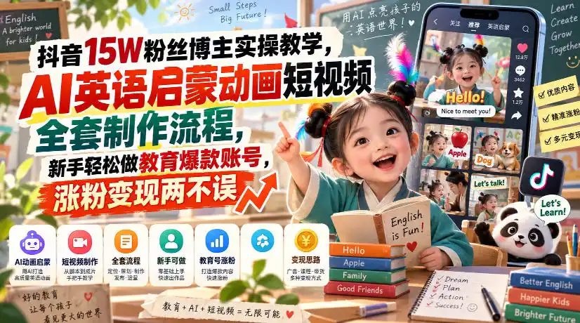 抖音15W粉丝博主实操教学，AI英语启蒙动画短视频全套制作流程，新手轻松做教育爆款账号，涨粉变现两不误-阿牛笔记