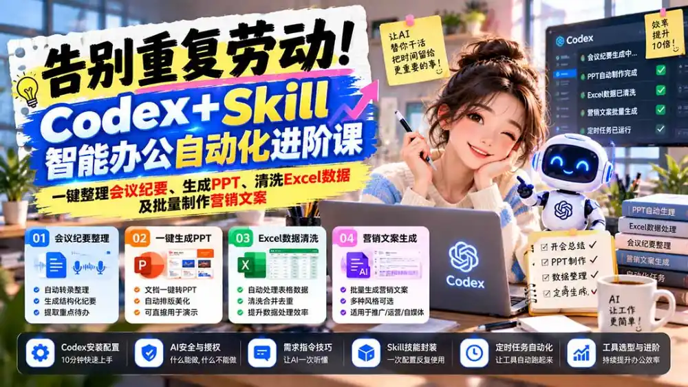 告别重复劳动!Codex+Skill智能办公自动化进阶课:一键整理会议纪要、生成PPT、清洗Excel数据及批量制作营销文案-阿牛笔记