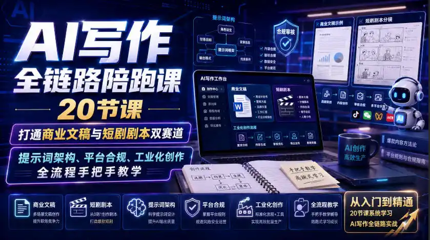 AI写作全链路陪跑课｜20节课打通商业文稿与短剧剧本双赛道，提示词架构、平台合规、工业化创作全流程手把手教学-阿牛笔记
