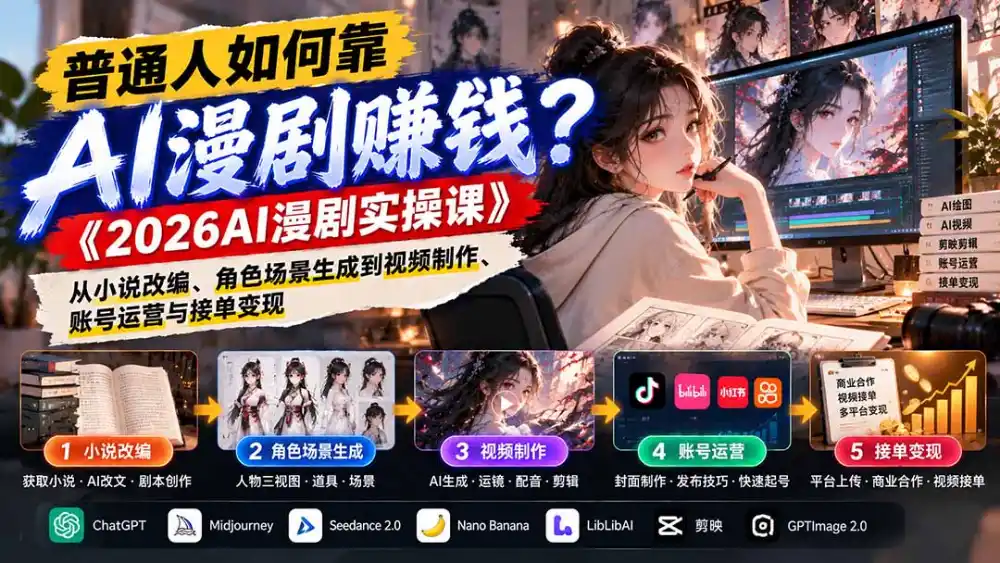 普通人如何靠AI漫剧赚钱？《2026AI漫剧实操课》从小说改编、角色场景生成到视频制作、账号运营与接单变现-阿牛笔记