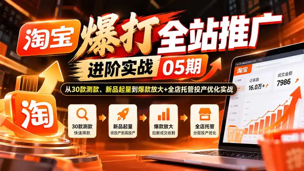 淘宝爆打全站推广进阶实战05期：从30款测款、新品起量到爆款放大+全店托管投产优化实战-阿牛笔记