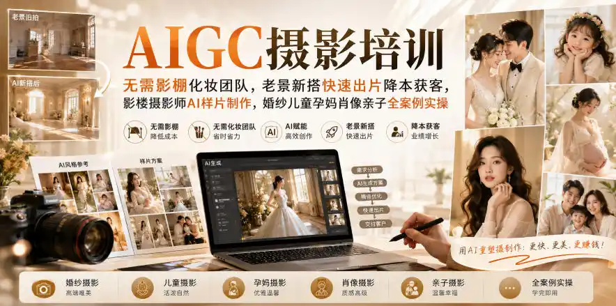 AIGC摄影培训|无需影棚化妆团队,老景新搭快速出片降本获客,影楼摄影师AI样片制作,婚纱儿童孕妈肖像亲子全案例实操-阿牛笔记