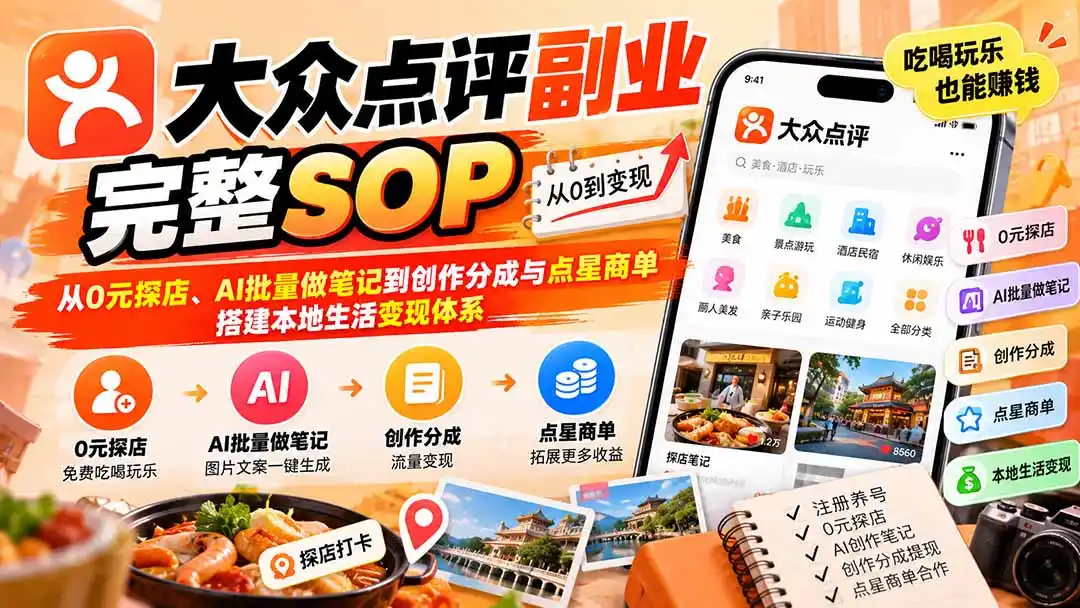 【无水印】大众点评副业完整SOP：从0元探店、AI批量做笔记到创作分成与点星商单，搭建本地生活变现体系-阿牛笔记