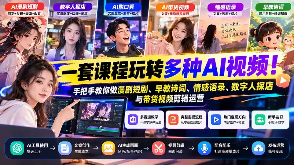 【无水印】一套课程玩转多种AI视频!手把手教你做漫剧短剧、早教诗词、情感语录、数字人探店与带货视频剪辑运营 【无水印】一套课程玩转多种AI视频!手把手教你做漫剧短剧、早教诗词、情感语录、数字人探店与带货视频剪辑运营