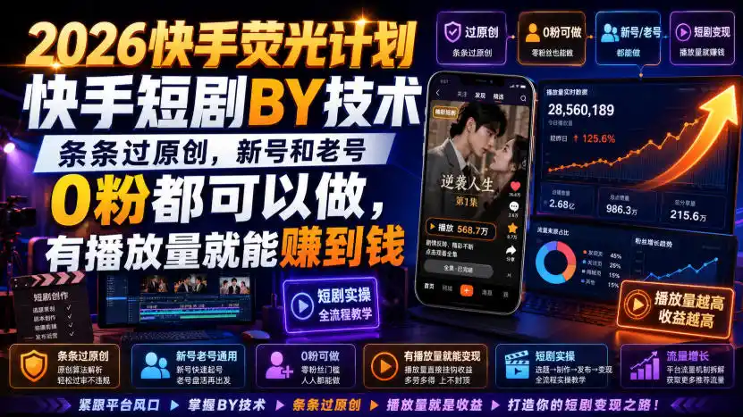 2026快手荧光计划，快手短剧搬运技术，条条过原创，新号和老号0粉都可以做，有播放量就能賺到钱-阿牛笔记