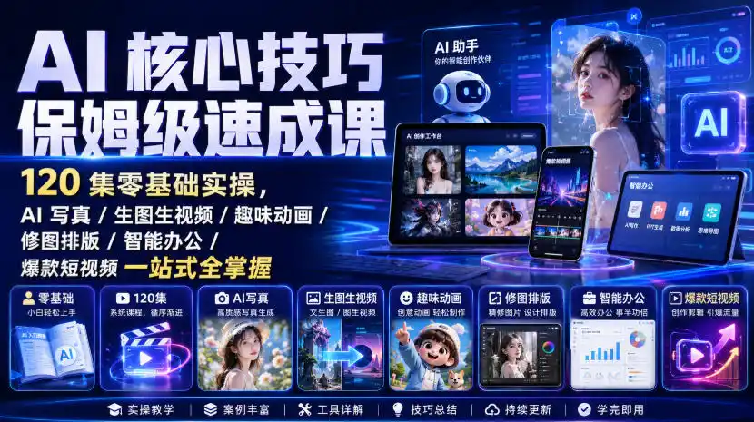 AI核心技巧保姆级速成课｜120集零基础实操，AI写真/生图生视频/趣味动画/修图排版/智能办公/爆款短视频一站式全掌握-阿牛笔记