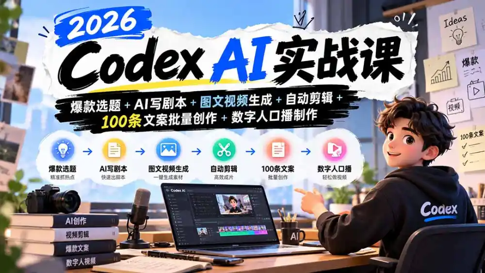 2026Codex AI实战课:爆款选题+AI写剧本+图文视频生成+自动剪辑+100条文案批量创作+数字人口播制作 2026Codex AI实战课:爆款选题+AI写剧本+图文视频生成+自动剪辑+100条文案批量创作+数字人口播制作