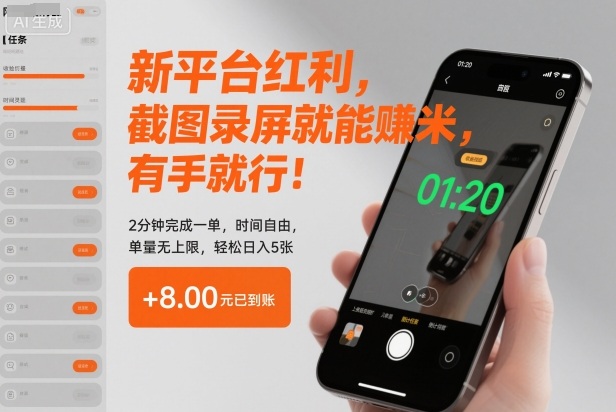 新平台红利,截图录屏就能賺米,有手就行!2分钟完成一单,时间自由,单量无上限,轻松日入5张【揭秘】-阿牛笔记