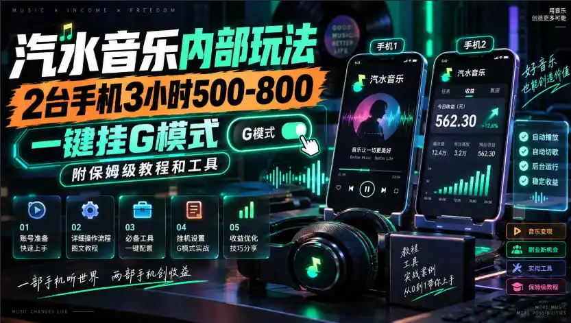 汽水音乐内部玩法，2台手机3小时500-800，一键挂G模式，附保姆级教程和工具【揭秘】-阿牛笔记