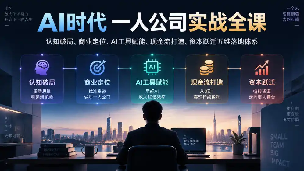 AI时代一人公司实战全课|认知破局、商业定位、AI工具赋能、现金流打造、资本跃迁五维落地体系 AI时代一人公司实战全课|认知破局、商业定位、AI工具赋能、现金流打造、资本跃迁五维落地体系