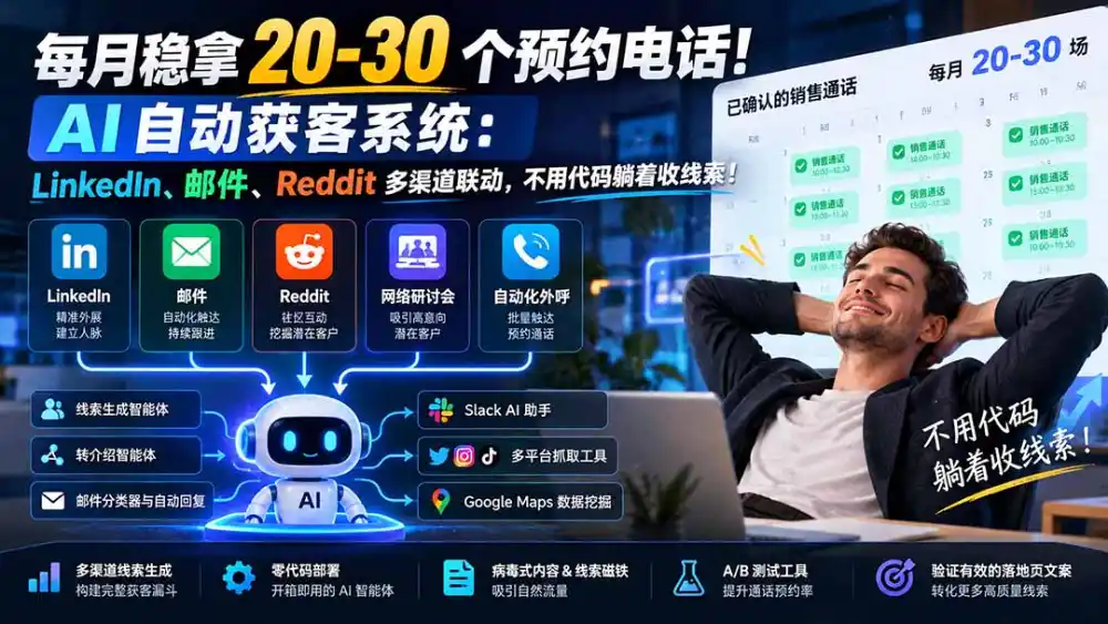 每月稳拿 20-30 个预约电话！AI 自动获客系统：LinkedIn、邮件、Reddit 多渠道联动，不用代码躺着收线索！-阿牛笔记