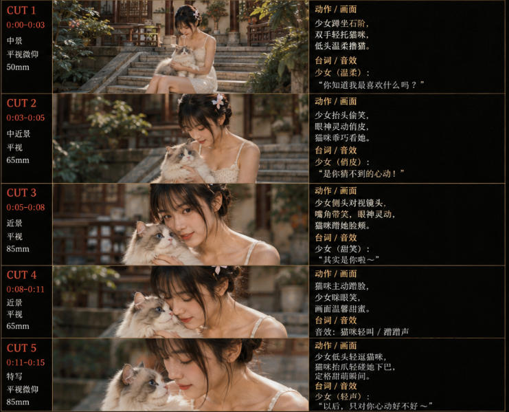 美女和猫故事提示词，人物一致性提示词+故事板-阿牛笔记