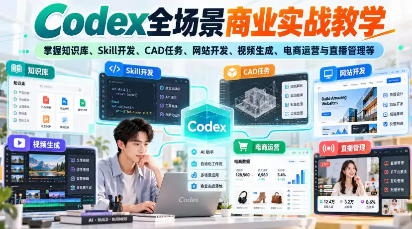 【无水印】Codex全场景商业实战教学，掌握知识库、Skill开发、CAD任务、网站开发、视频生成、电商运营与直播管理等-阿牛笔记