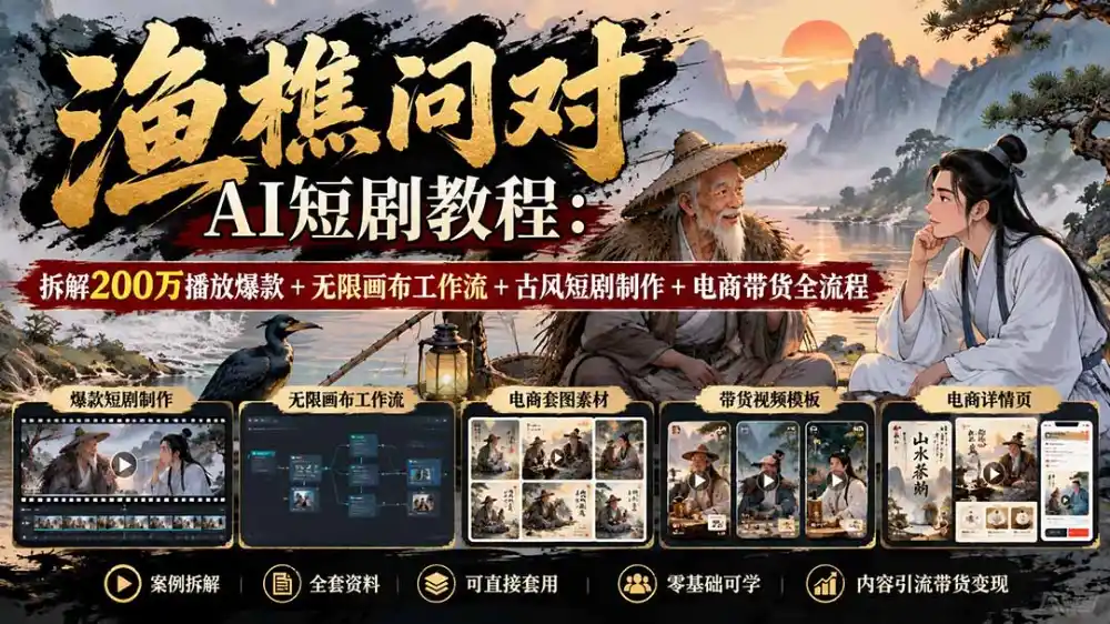 【无水印】渔樵问对AI短剧教程：拆解200万播放爆款+无限画布工作流+古风短剧制作+电商带货全流程-阿牛笔记