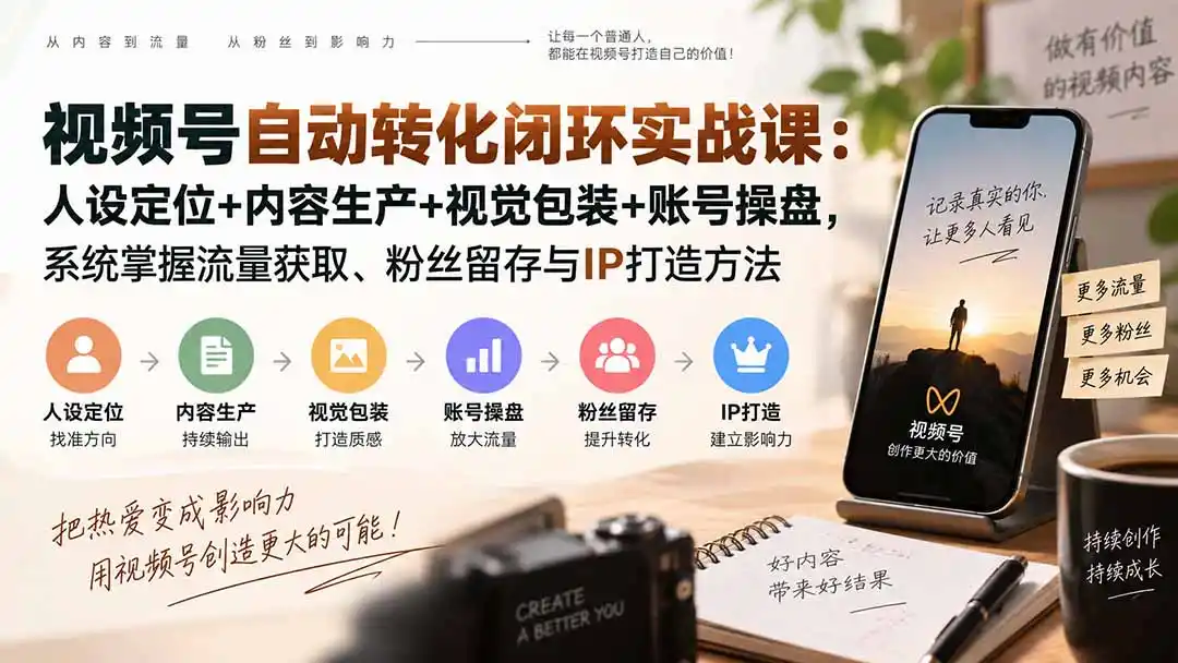 视频号自动转化闭环实战课：人设定位+内容生产+视觉包装+账号操盘，系统掌握流量获取、粉丝留存与IP打造方法-阿牛笔记