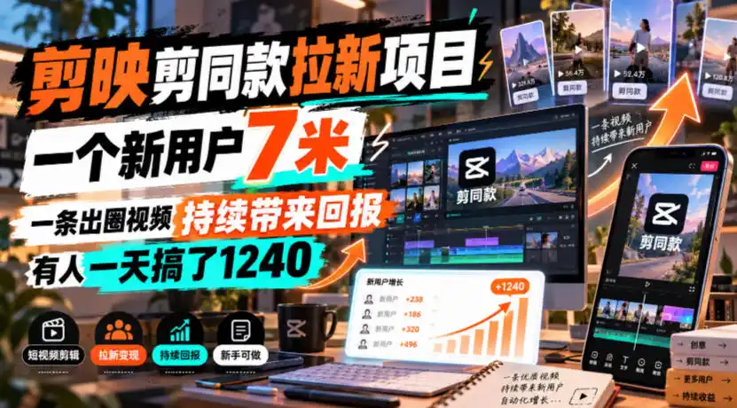 剪映剪同款拉新项目,一个新用户7米,一条出圈视频持续带来回报,有人一天搞了1240-阿牛笔记