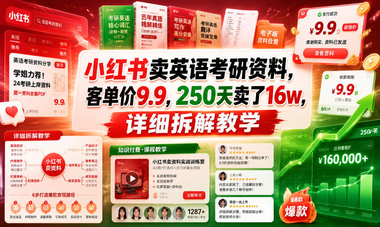 小红书卖英语考研资料,客单价9.9,250天卖了16w,详细拆解教学-阿牛笔记