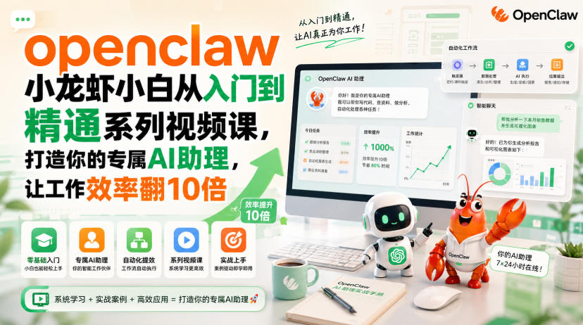 openclaw小龙虾小白从入门到精通系列视频课，打造你的专属AI助理，让工作效率翻10倍-阿牛笔记