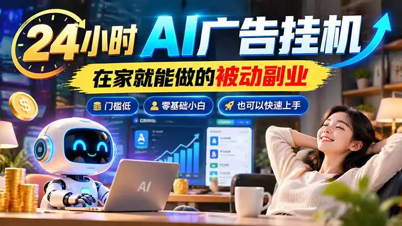 24小时AI广告挂机|在家就能做的被动副业,门槛低,零基础小白也可以快速上手-阿牛笔记