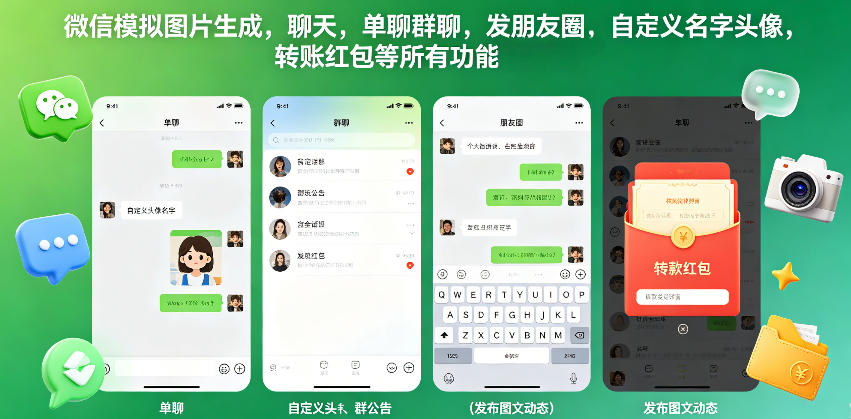 微信模拟图片生成，聊天，单聊群聊，发朋友圈，自定义名字头像，转账红包等所有功能都可以生成-阿牛笔记