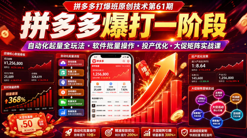 拼多多打爆班原创技术第61期,拼多多爆打一阶段,自动化起量全玩法・软件批量操作・投产优化・大促矩阵实战课-阿牛笔记