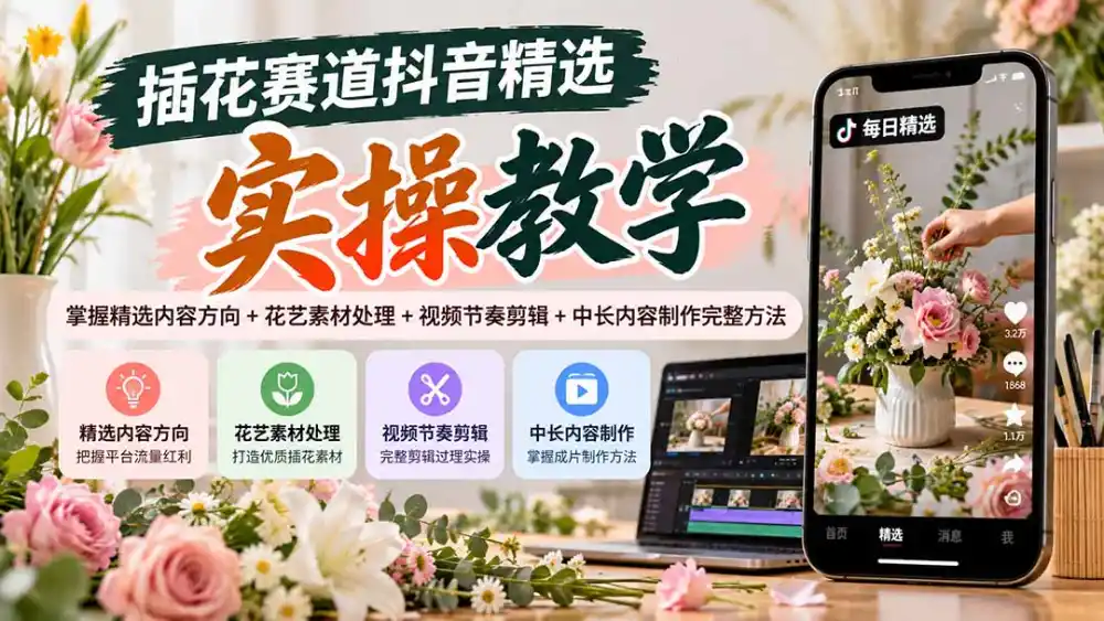 插花赛道抖音精选实操教学：掌握精选内容方向+花艺素材处理+视频节奏剪辑+中长内容制作完整方法-阿牛笔记