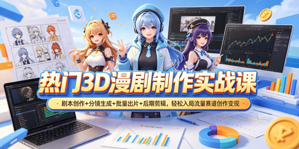 热门3D漫剧制作实战课,剧本创作+分镜生成+批量出片+后期剪辑,轻松入局流量赛道创作变现-阿牛笔记