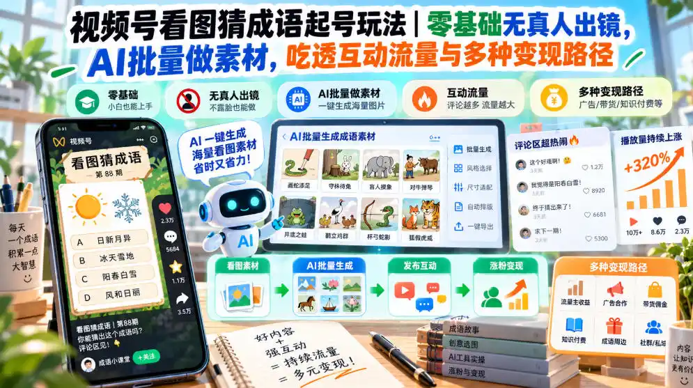 视频号看图猜成语起号玩法|零基础无真人出镜,AI批量做素材,吃透互动流量与多种变现路径-阿牛笔记