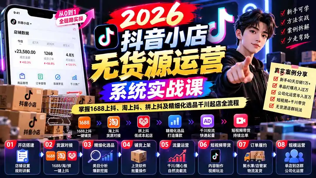 【无水印】2026抖音小店无货源运营系统实战课：掌握1688上抖、淘上抖、拼上抖及精细化选品千川起店全流程-阿牛笔记