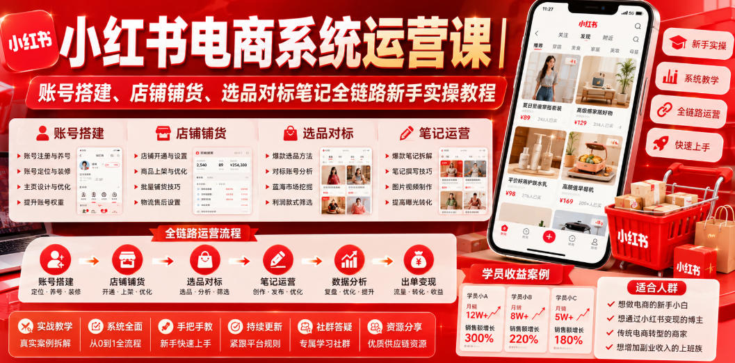 小红书电商系统运营课｜账号搭建、店铺铺货、选品对标笔记全链路新手实操教程-阿牛笔记