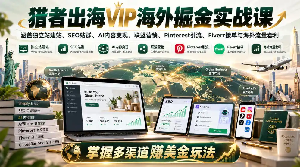 猎者出海VIP海外掘金实战课：涵盖独立站、SEO站群、AI变现、联盟营销、Pinterest引流、Fiverr接单与海外流量套利，掌握多渠道賺美金玩法-阿牛笔记