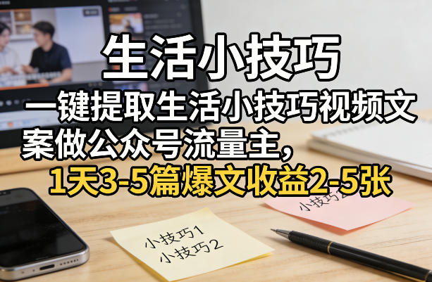 一键提取生活小技巧视频文案做公众号流量主，1天3-5篇爆文收益2-5张-阿牛笔记