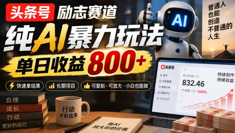 头条号励志赛道,纯AI暴力玩法,单日收益800+,快速拿结果,长期项目-阿牛笔记