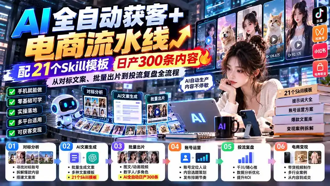 【无水印】AI全自动获客+电商流水线：配21个Skill模板，日产300条内容，从对标文案、批量出片到投流复盘全流程-阿牛笔记