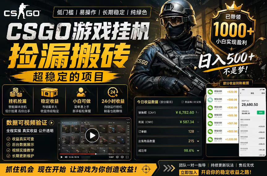CSGO游戏搬砖，全自动挂G，不需要玩游戏，手机操作日入300+，解放双手【揭秘】-阿牛笔记