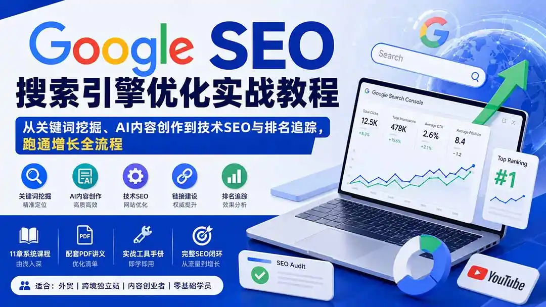 Google SEO搜索引擎优化实战教程：从关键词挖掘、AI内容创作到技术SEO与排名追踪，跑通增长全流程