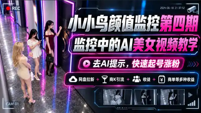 小小鸟颜值监控第四期，监控中的AI美女视频教学，去AI提示，快速起号涨粉，网盘拉新+商K引流+收徒+商单等多种收益-阿牛笔记