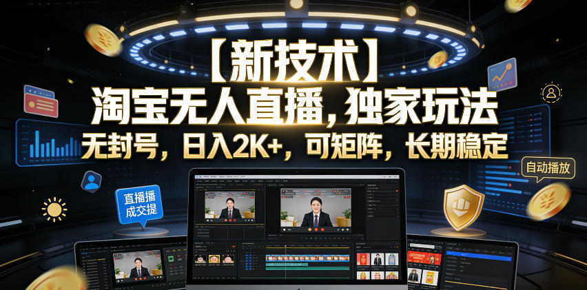 【新技术】淘宝无人直播，独家玩法，无封号，日入2K+，可矩阵，长期稳定【揭秘】-阿牛笔记