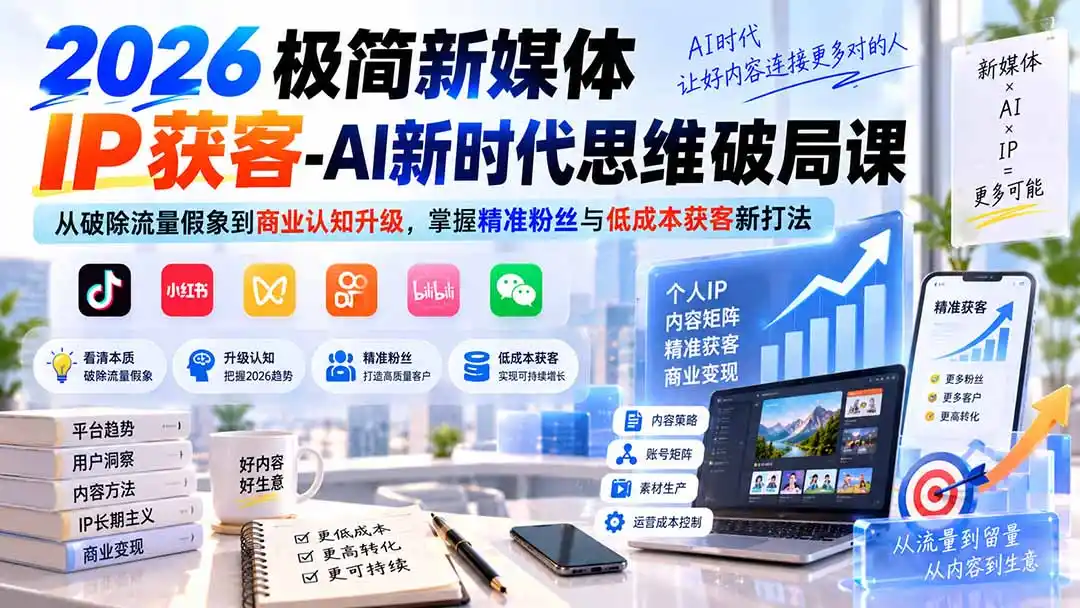 2026极简新媒体IP获客-AI新时代思维破局课：从破除流量假象到商业认知升级，掌握精准粉丝与低成本获客新打法-阿牛笔记