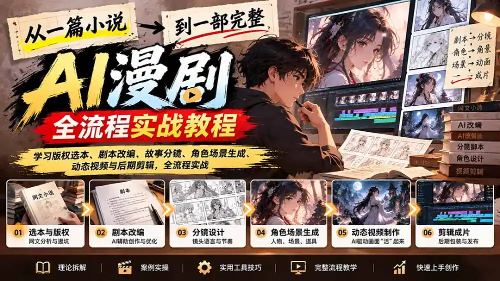 从一篇小说到一部完整AI漫剧：学习版权选本、剧本改编、故事分镜、角色场景生成、动态视频与后期剪辑-阿牛笔记
