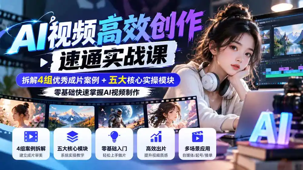 【无水印】AI视频高效创作速通实战课:拆解4组优秀成片案例+五大核心实操模块,零基础快速掌握AI视频制作 【无水印】AI视频高效创作速通实战课:拆解4组优秀成片案例+五大核心实操模块,零基础快速掌握AI视频制作