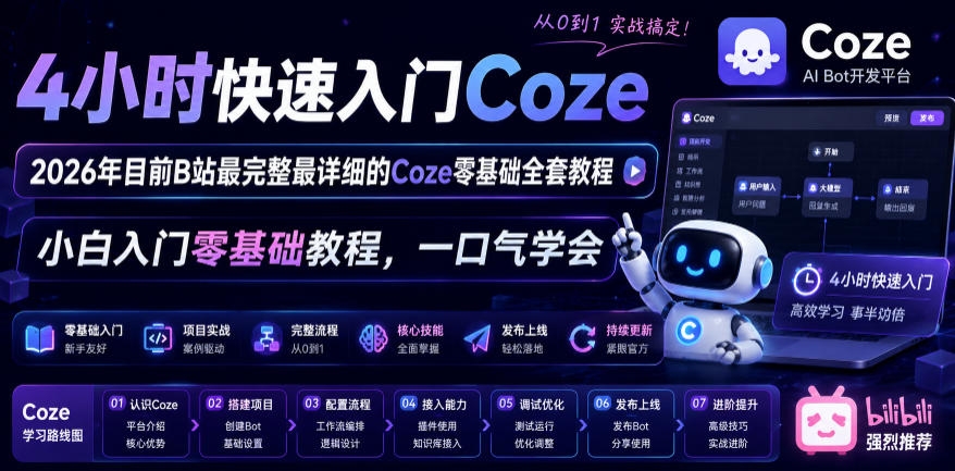 4小时快速入门Coze!2026年目前B站最完整最详细的Coze零基础全套教程,小白入门零基础教程,一口气学会!-阿牛笔记