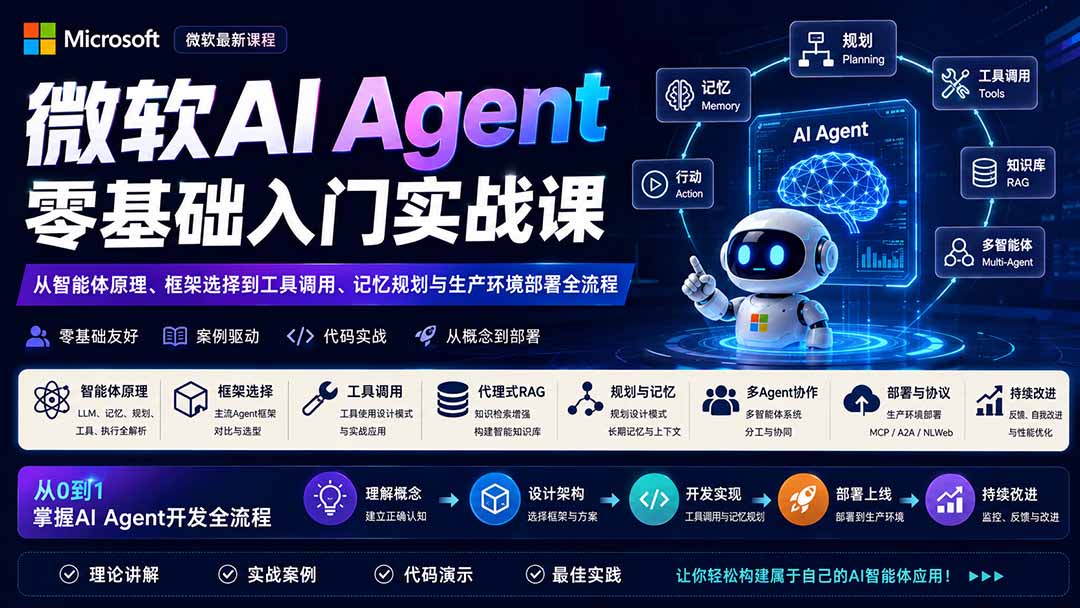 微软AI Agent零基础入门实战课：从智能体原理、框架选择到工具调用、记忆规划与生产环境部署全流程-阿牛笔记