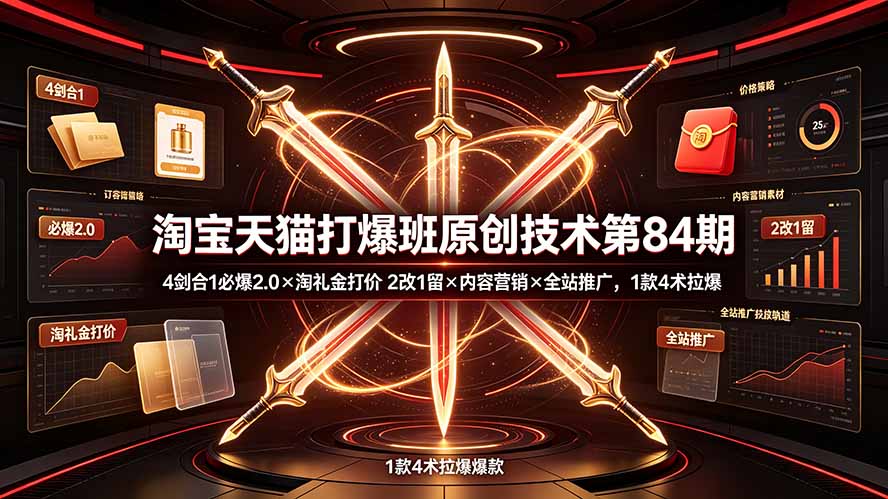 淘宝天猫打爆班原创技术第84期：4剑合1必爆2.0×淘礼金打价×2改1留×内容营销×全站推广，1款4术拉爆-阿牛笔记